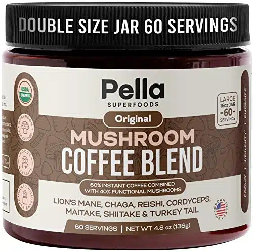 Organic Mushroom Coffee (Servings) with Superfood Mushrooms, Great Tasting Colombian Instant Coffee, Includes Lion's Mane, Reishi, Chaga, Cordyceps, Shiitake, Maitake, and Turkey Tail