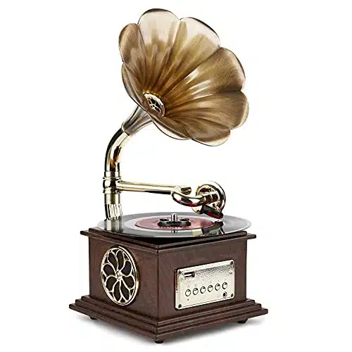 Asommet Gramophone Record Player Retro Turntable All in One Vintage Phonograph Nostalgic for LP with Copper Horn, Built in Speaker mm Aux inUSBFM Radio in
