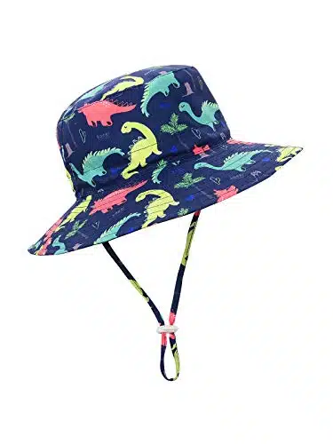 Baby Sun Hat UPF + Sun Protective Toddler Bucket Hat Summer Kids Beach Hats Wide Brim Outdoor Play Hat for Boys Girls Navy Dinosaur Years