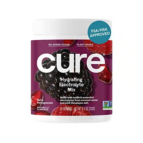 Cure Hydrating Electrolyte Mix  Electrolyte Powder for Dehydration Relief  Made with Coconut Water  No Added Sugar  Vegan  Paleo Friendly  Bulk Jar   Servings   Berry Pomegranate Flavor
