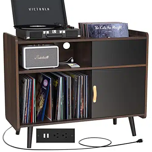 GDLF Large Record Player Stand, Vinyl Record Storage Cabinet with Power Outlet, Record Player Table Holds up to Albums, Turntable Stand with Wood Legs for Living Room,Bedroom,Office