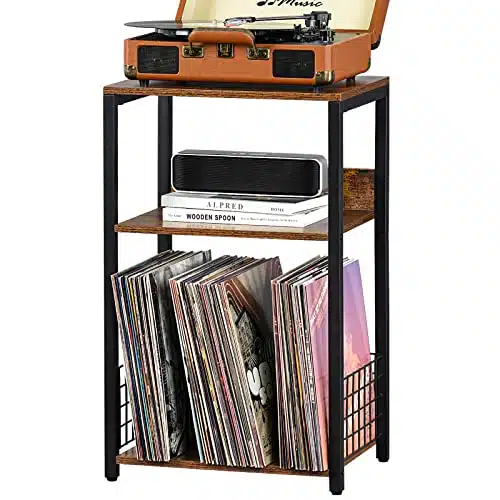 LELELINKY Tier End Table,Record Player Stand with Storage Up to Albums,Turntable Stand for Vinyl,Brown Records Shelf for Living Room Bedroom