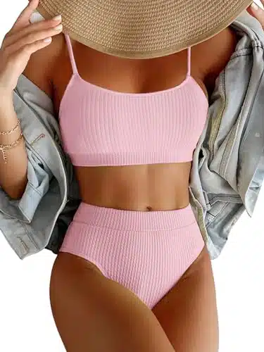 Lilosy High Waisted Tummy Control Bikini Ribbed Sporty Brazilian Swimsuit Set Women Highwaisted Cheeky Cut Leg Rise Bottom Crop Push Up Top Piece Bathing Suit Pink Medium