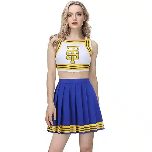 Mokkin Adult Women Tay Tay Cheerleader Costume Uniform Girls Swift Cheerleading Crop Top with Pleated Skirt Halloween Outfit (Blue, XX Large)