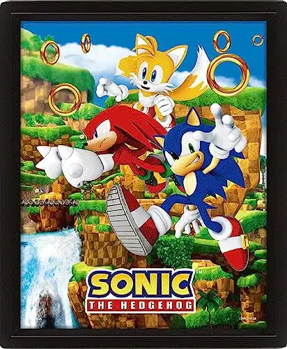 Pyramid International Sonic the Hedgehog Poster in D (Catching Rings Design) Lenticular D Wall Art and Posters in Black Picture Frame cm x cm x cm   Official Merchandise