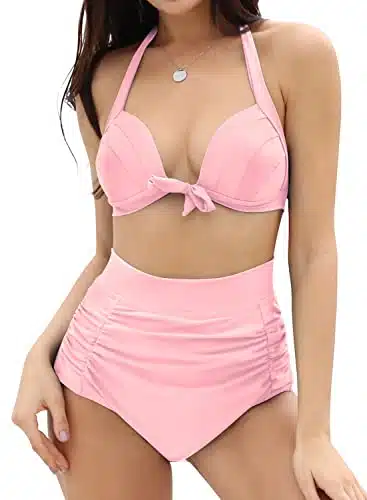 SHEKINI Women's Vintage Bikini Set Halter Ruched Two Piece Swimsuit Triangle High Waist Bathing Suit (Small, Dirty Pink)