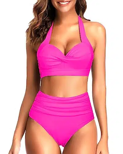 Tempt Me Women's Vintage Swimsuits Hot Pink Retro Halter Ruched High Waist Bikini with Bottom S