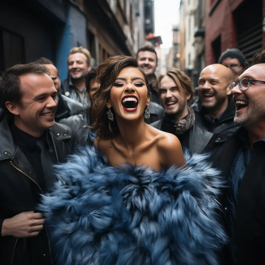 a supermodel surrounded by laughing men in a alley