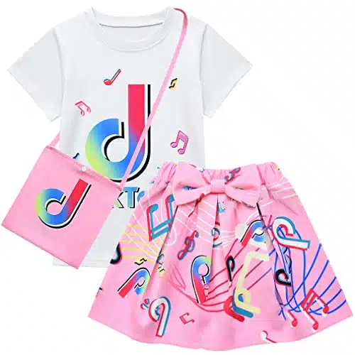 D.O.T pcs Tic Toc Girl Skirt Sets T Shirt Top + Bowknot Skirt with Bag Outfits (Pink, T)