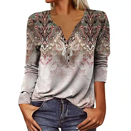 Day Prime Deals Long Sleeve Tshirt Shirts for Women Vintage Floral Print Button Down Henley Tops Casual Loose Comfy Fall Blouses Fall Outfits for Women Trendy Khaki X