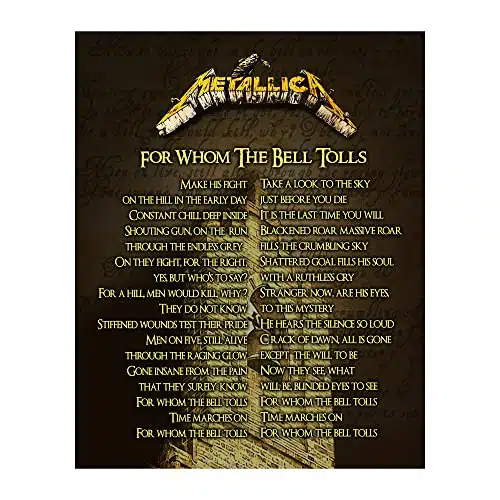 For Whom The Bell Tolls Metallica Song Lyrics Wall Art  x Rock Music Art Print Ready to Frame. Vintage Home Office Studio Cave Decor. Perfect Gift for Musicians & All Metallica Fans!
