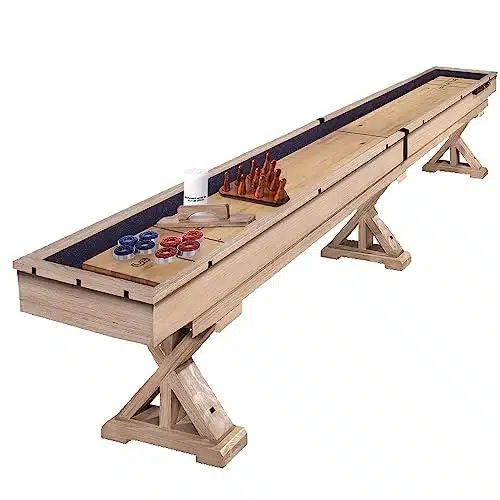 Freetime Fun FT Shuffleboard Table Multi Game Solid Wood Game Tables for Game Room   Shuffleboard Bowling Pin Set, Pucks, Wax and Brush   Comes in ' Pieces Goes Around Stairs & Hallways