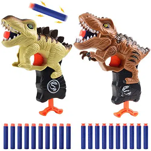 Happitry Dinosaur Blaster Gun Toys for Boys Year Old, Small Dino Foam Guns for Toddlers Age , Cool Toddler Toy Gun Gifts for Little Kids Birthday or Christmas, Pack T rex & Stegosaurus