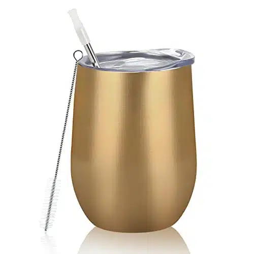 Lifecapido Stainless Steel Wine Tumbler oz, Double Wall Vacuum Insulated Wine Tumbler, Stainless Steel Stemless Wine Tumblers with Lid and Straw for Wine Coffee Champaign Cocktails Juice,Gold