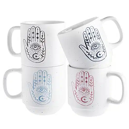 Sheffield Home Set of Coffee Mugs  Four Coffee Cups with Printed Phrases, Tea Cups, Latte Mugs with Metal Rack for Storage, oz (Hamsa)