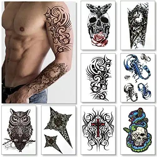 Temporary Tattoos For Men Guys Boys & Teens   Fake Half Arm Tattoos Sleeves For Arms Shoulders Chest Back Legs Cross Skull Owl Clock Scorpion Rose Realistic Waterproof Transfers Sheets x