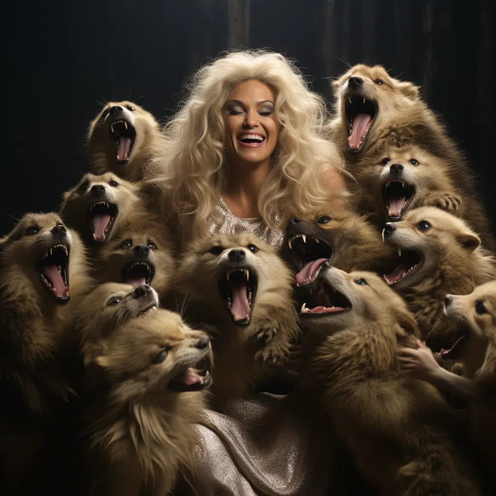 one hedgehog surrounded by laughing female supermodels