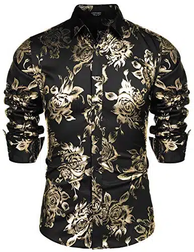 COOFANDY Mens Shirt Rose Dress Button Down Casual Slim Fit, Gold, X Large, Long Sleeve
