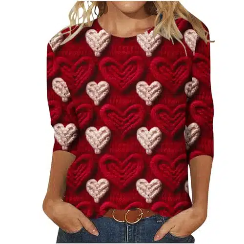 Lightning Deals of Today Clearance Valentines Day Shirt for Women D Red Hearts Printed T Shirt Sleeve Tops Cute Crewneck Spring Clothes Valentines Day Gift Ideas Pink X