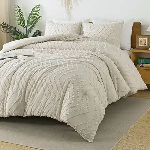 Litanika Full Size Comforter Sets Beige, Boho Lightweight Fluffy Bedding Comforter Sets for Bed, Pieces Farmhouse Tufted Bed Set All Seasons (xInches, Comforter and Pillow Sha