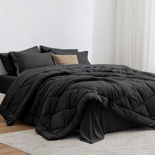 Love's cabin Full Comforter Set Black, Pieces Full Bed in a Bag, All Season Full Bedding Sets with Comforter, Flat Sheet, Fitted Sheet, Pillowcase and Pillow Sham