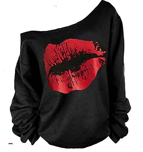 MAGICMK Womans Sweatershirt Lips Print Causal Blouse Off The Shoulder Long Sleeve Loose Slouchy Pullover Plus Size Tops(XL)
