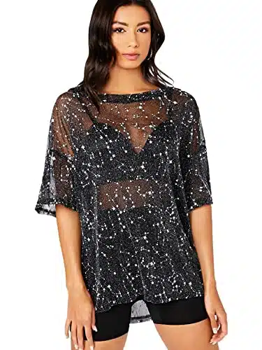 MakeMeChic Women's Summer Short Sleeve Tops See Through Mesh Sheer Sexy T Shirt Blouse Black Galaxy L