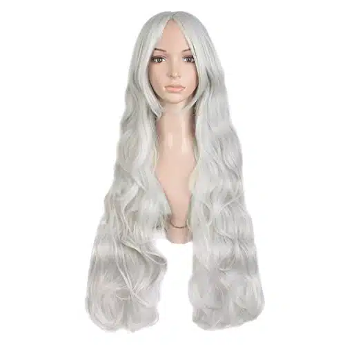MapofBeauty cm Silver White Long Hair Curly Wavy Wig Cosplay Costume Wig