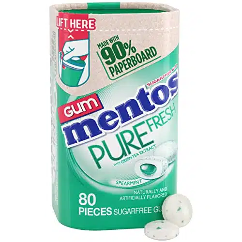 Mentos Pure Fresh Sugar Free Chewing Gum with Xylitol, Spearmint, in a recyclable % Paperboard Bottle, Piece