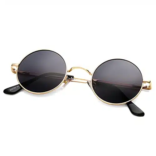 Pro Acme Small Round Polarized Sunglasses for Men Women Circle Retro Shades Metal Hippie Sunglasses UV(Gold FrameBlack Lens)