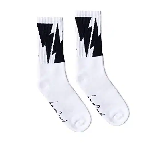SOCCO x Mike Vallely White Crew Socks wBlack Lightning Bolts  Athletic Skate Socks  Made in USA