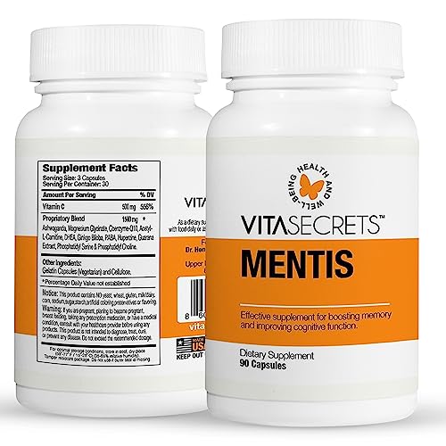 Vitasecrets Mentis Memory & Cognition Support Supplement   Concentration, Clarity, Cognitive Enhancement   Vitamins B, B, Ashwaganda, Gingko Biloba Gluten and GMO Free, Capsul