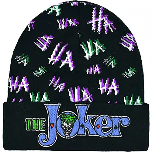 Concept One Unisex Adult Dc Comics The Joker Hat, Knitted Cuffed Winter Skull Cap Beanie Hat, Black, One Size US