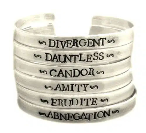Divergent Inspired   Faction (Choose One)   Divergent, Dauntless, Abnegation, Amity, Candor or Erudite   A Hand Stamped Aluminum Bracelet