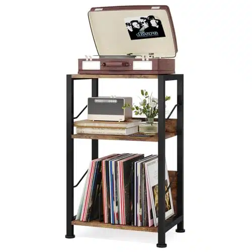Hosfais Tier Record Player Stand   Retro Vinyl Record Storage End Table Records For Living Room Bedroom (Rustic Brown)